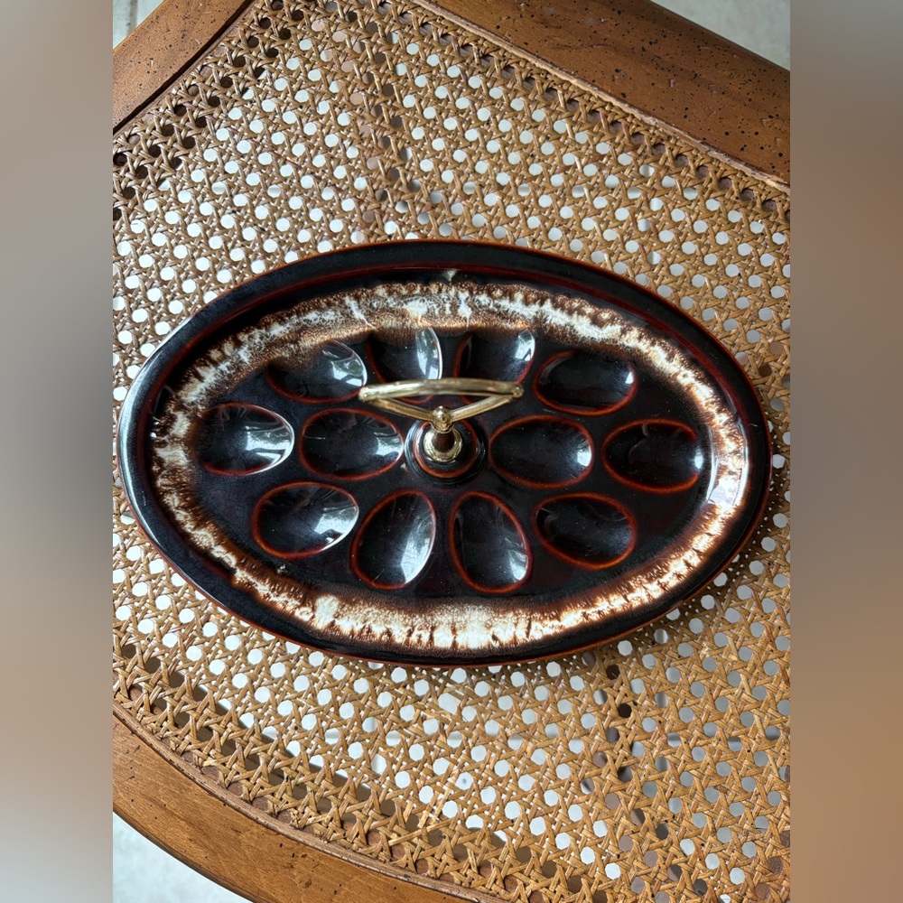 Vintage 1960s Pfaltzgraff Stoneware Deviled Egg Tray Brown Drip Glaze Oval 12”